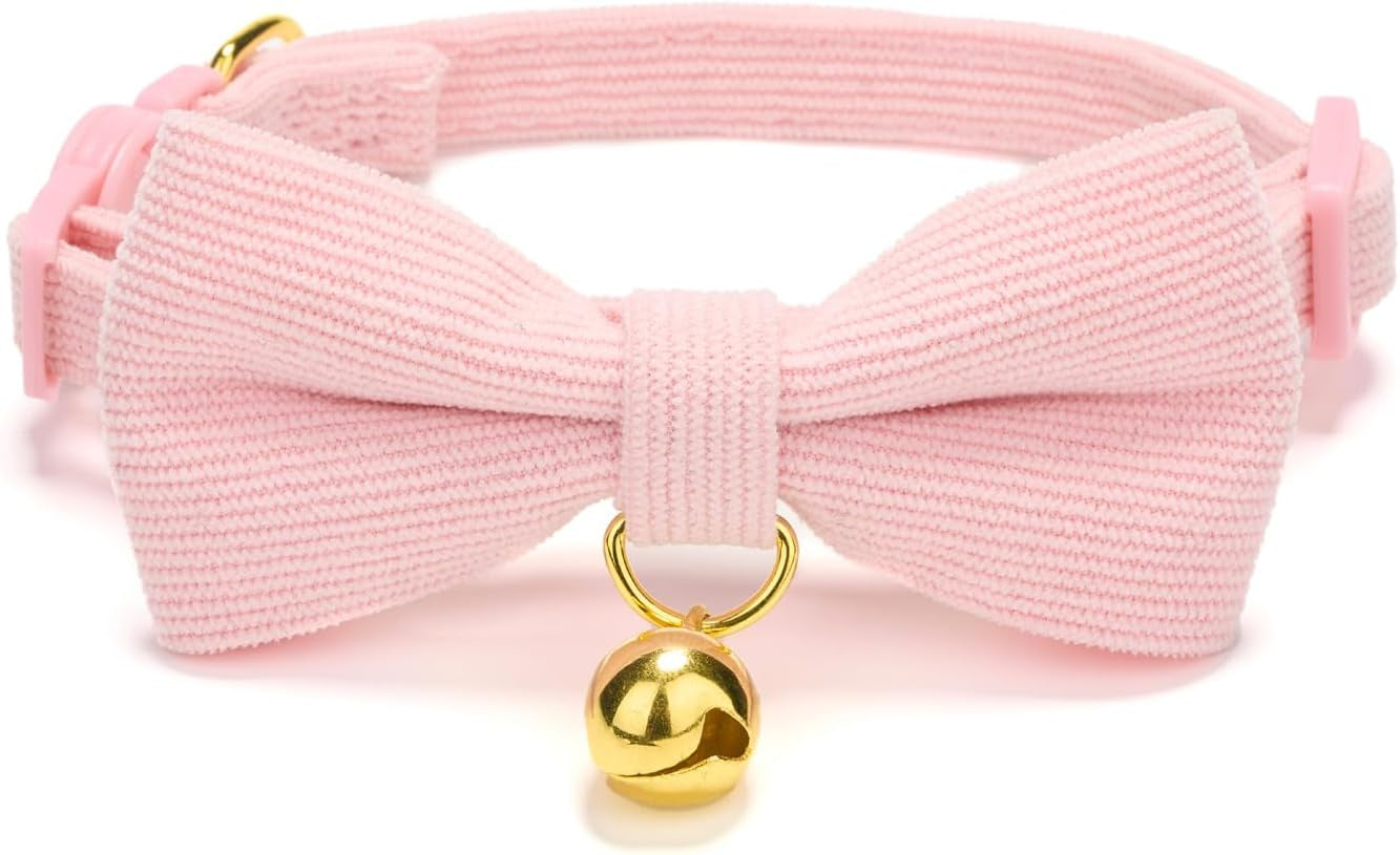 Cotton Breakaway Cat Collar with Bow Tie and Bell, Adjustable Cute Soft Corduroy Kitten Collars for Girl Cats