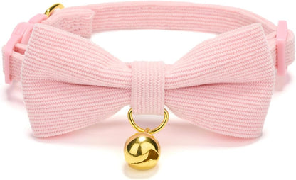 Cotton Breakaway Cat Collar with Bow Tie and Bell, Adjustable Cute Soft Corduroy Kitten Collars for Girl Cats