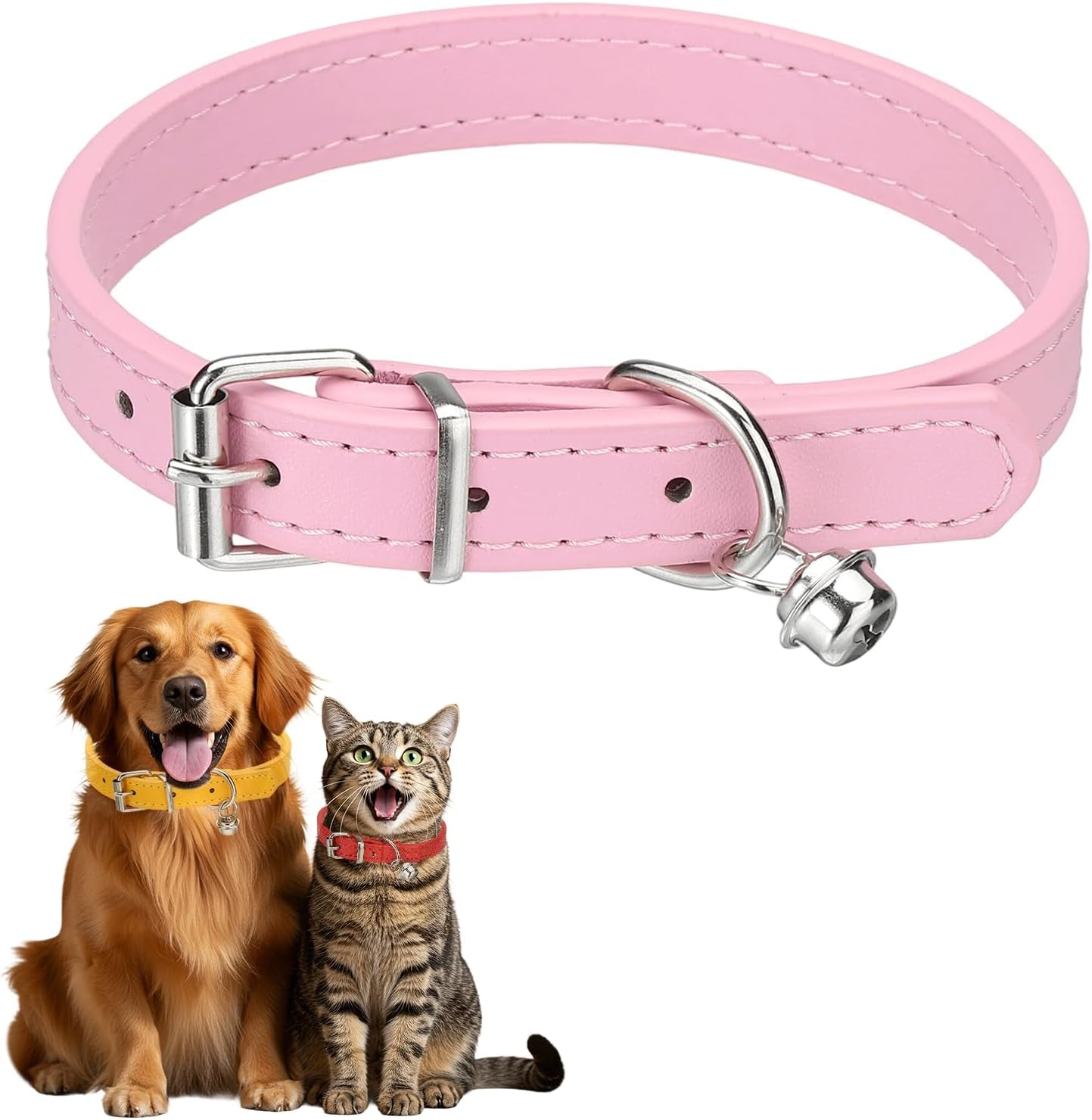 Dog Collar with Bell, Pu Leather Cat Collars Pet Basic Soft Padded Adjustable Buckle, 14.5" (Blue, 1 Pcs), Intended for Teacup/Little Dog/Kitten Cats/Small Animals