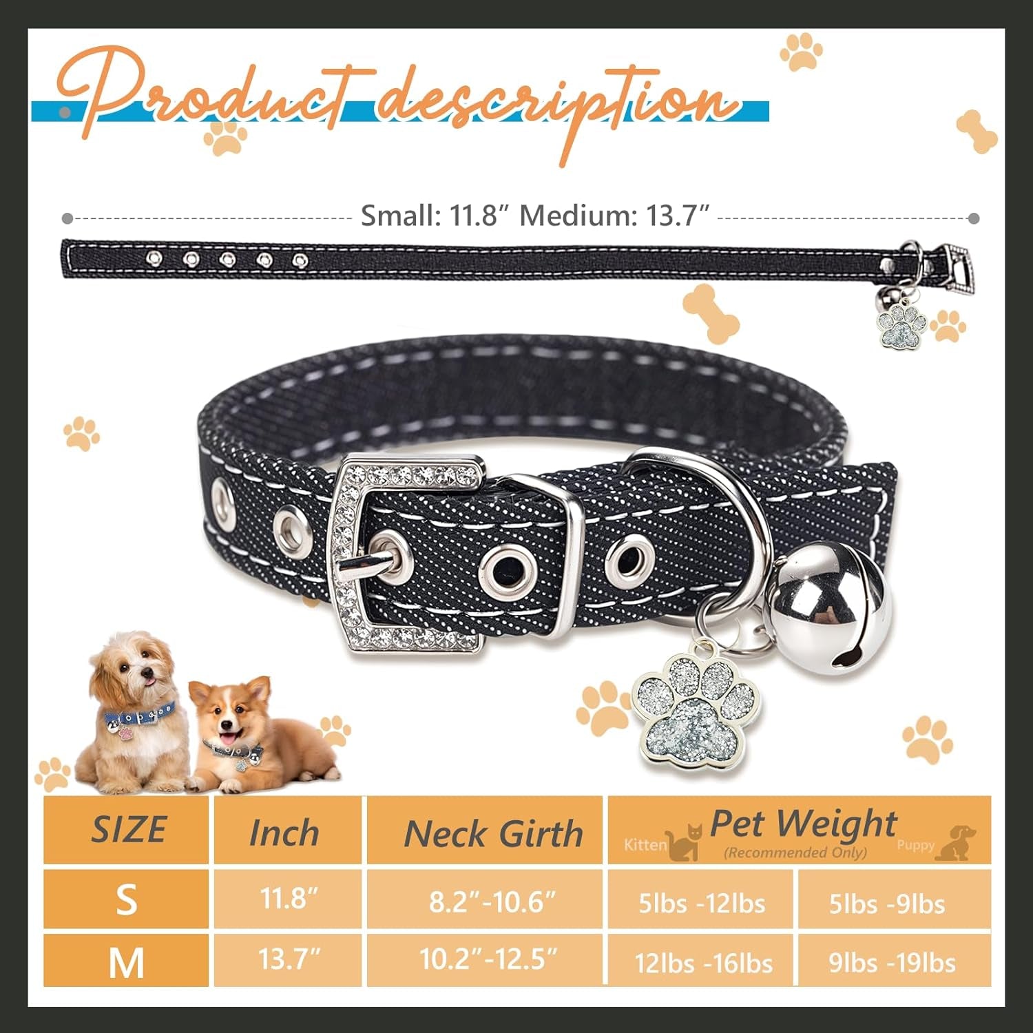Black Premium Denim Pet Collar - Adjustable for Small Dogs & Cats, Rhinestone-Encrusted Buckle, Silver Glittery Paw Pendant & Bell, Size M Durable Fashion Denim Collar