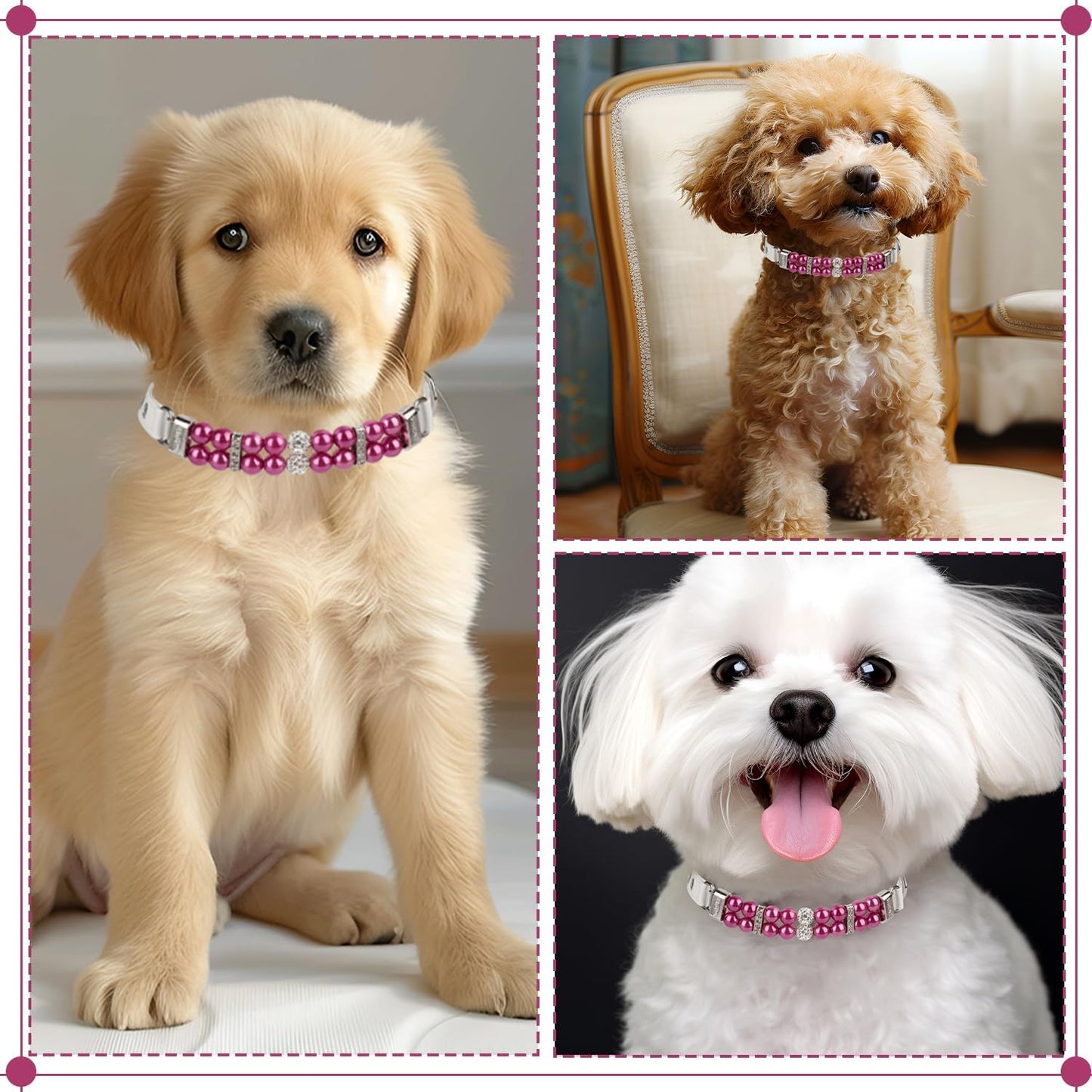 Luxury Pearl Pet Collar with Crystal Accents, Adjustable White Leather Strap, Rhinestone Decorative Design for Dogs and Cats (Fuchsia, XS(6"-8.8"))
