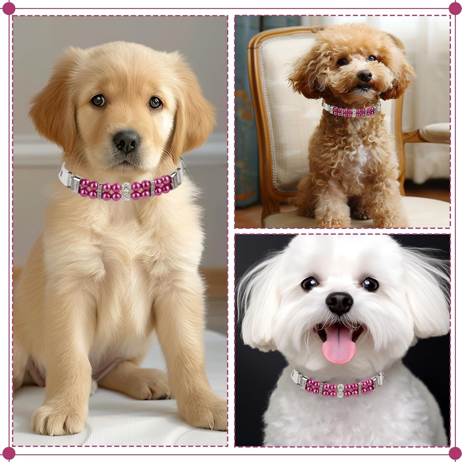 Luxury Pearl Pet Collar with Crystal Accents, Adjustable White Leather Strap, Rhinestone Decorative Design for Dogs and Cats (Fuchsia, XS(6"-8.8"))