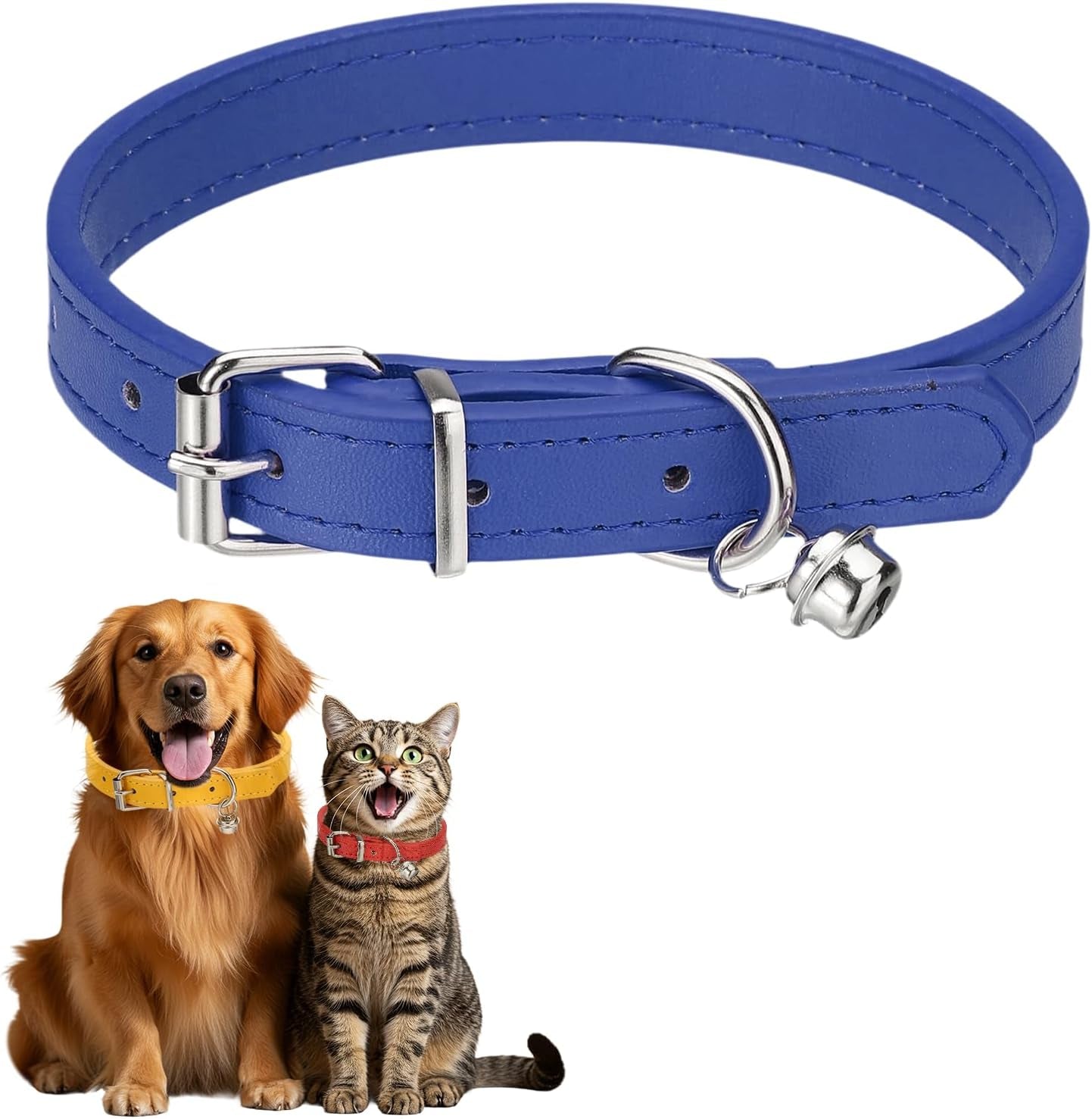 Dog Collar with Bell, Pu Leather Cat Collars Pet Basic Soft Padded Adjustable Buckle, 14.5" (Blue, 1 Pcs), Intended for Teacup/Little Dog/Kitten Cats/Small Animals