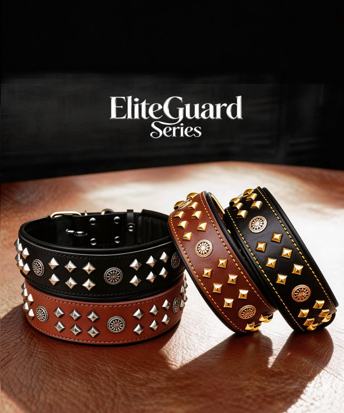 Eliteguard Genuine Leather Dog Collar, 2.2-Inch Handmade Studded with Stainless Steel Buckle, Daily Wear for Large Dogs, Brown 14-18.5 In