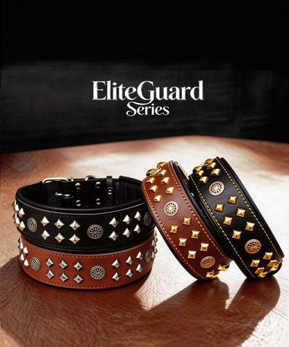 Eliteguard Genuine Leather Dog Collar, 2.2-Inch Handmade Studded with Stainless Steel Buckle, Daily Wear for Large Dogs, Brown 14-18.5 In