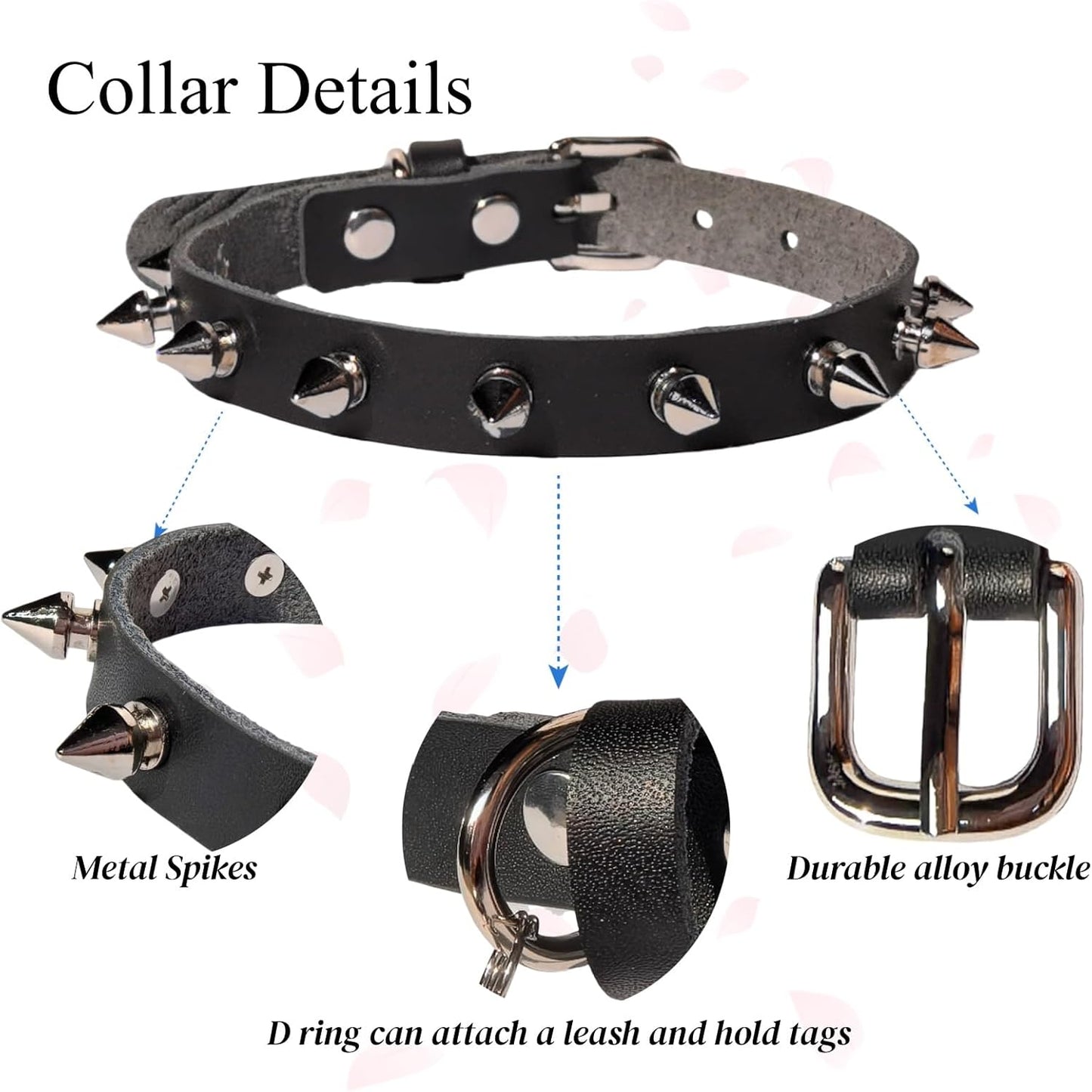 Genuine Leather Spiked Collar for Small Dogs with Bell, Studded Alloy Rivets Punk Style Protective Puppy Collar for Girl Boy Cat Doggies, 5 Holes Adjustable for Tiny Little Pups, Black XS 8"-11"