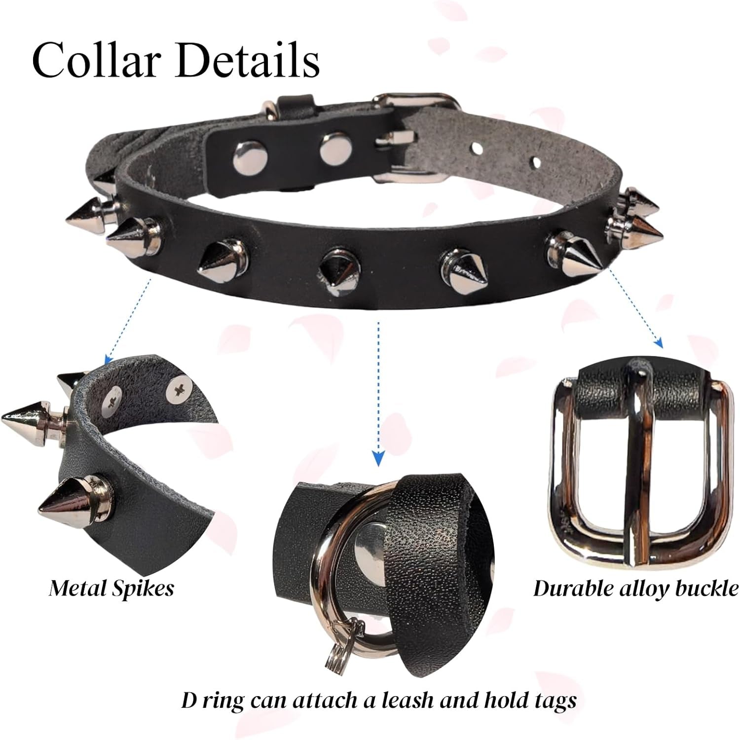 Genuine Leather Spiked Collar for Small Dogs with Bell, Studded Alloy Rivets Punk Style Protective Puppy Collar for Girl Boy Cat Doggies, 5 Holes Adjustable for Tiny Little Pups, Black XS 8"-11"