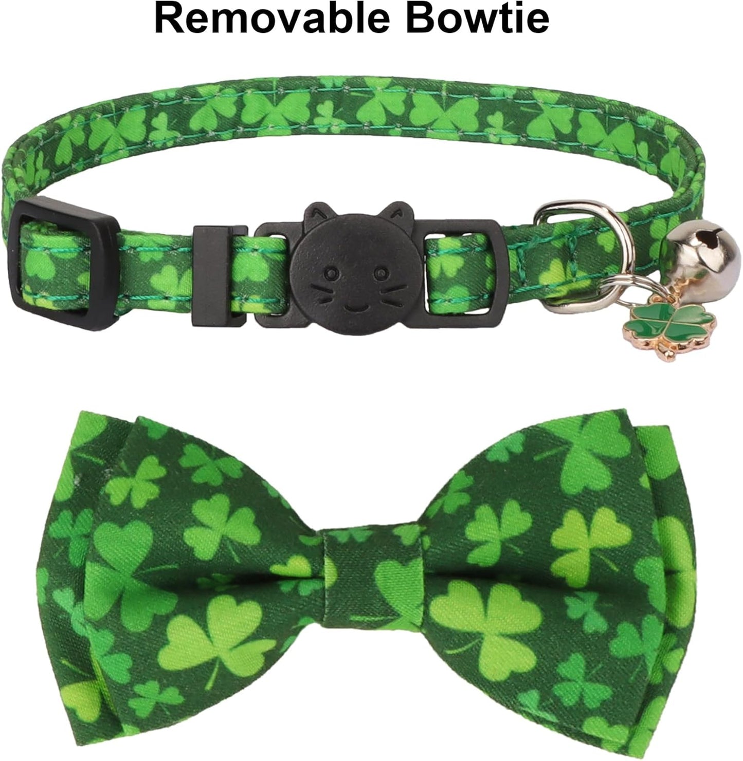 St. Patrick'S Day Cat Collars with Bow Bell, Green Shamrock Pattern Kitten Collar with Removable Bowtie, Pet St Patricks Collars for Cats Kittens (St. Patrick'S Day)