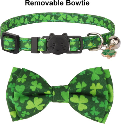St. Patrick'S Day Cat Collars with Bow Bell, Green Shamrock Pattern Kitten Collar with Removable Bowtie, Pet St Patricks Collars for Cats Kittens (St. Patrick'S Day)