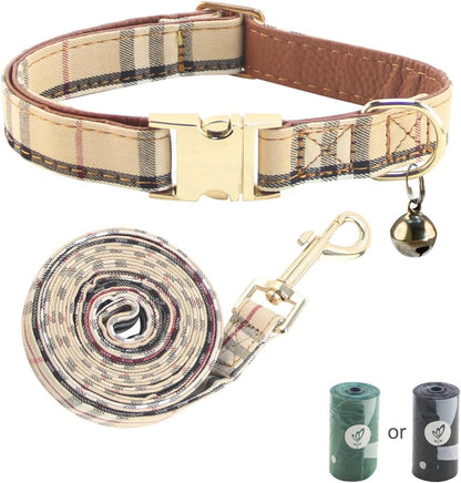 Dog Collar and Leash Set-Plaid Puppy Collar with Bow Tie - Adjustable Pet Collar for Dogs with Bell, Stylish Pattern for Small Medium or Large Boy and Girl Dog