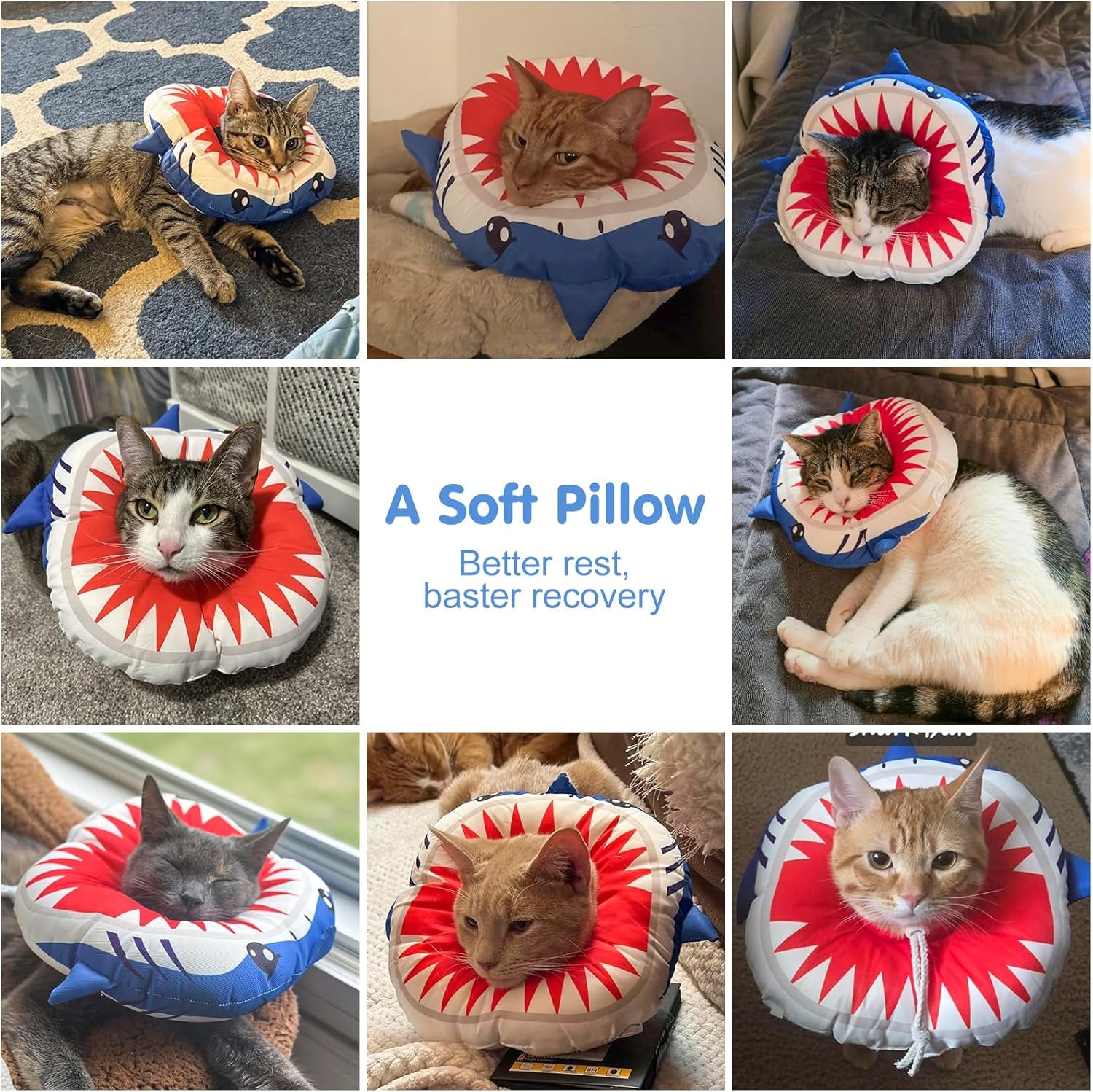 Cat Cone Collars Soft, Cat Recovery E Collars after Surgery to Stop Licking, Adjustable Elizabeth Circle Collar Cute Pet Donut Pillow for Cats Kitten Small Dogs, Cute Shark S