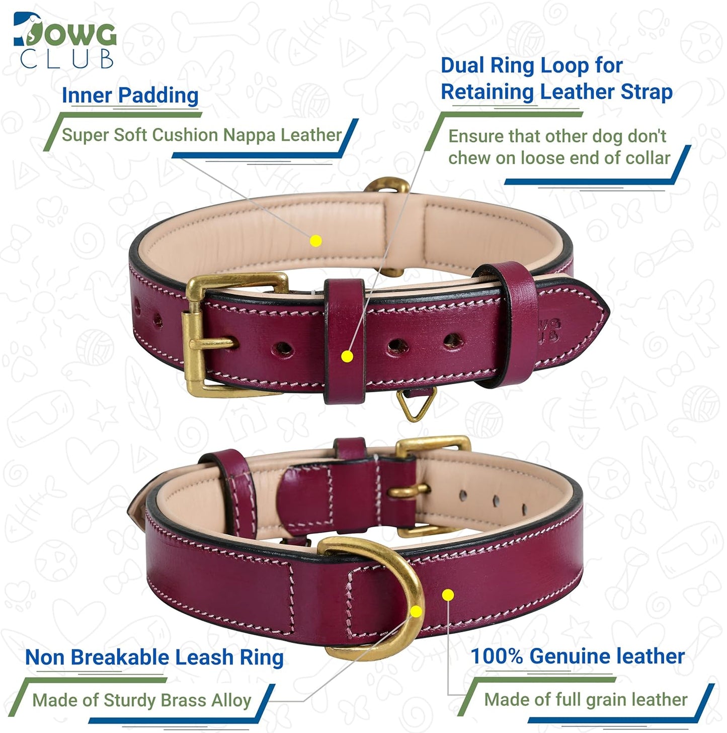 Genuine Leather Dog Collar | Full Grain, Heavy Duty, Comfortable, Padded, Strong | Best for Pups, Small, Medium, Large & XL Breeds (Small (Fit Neck Size 11.5"-14.5"), Dark Pink)