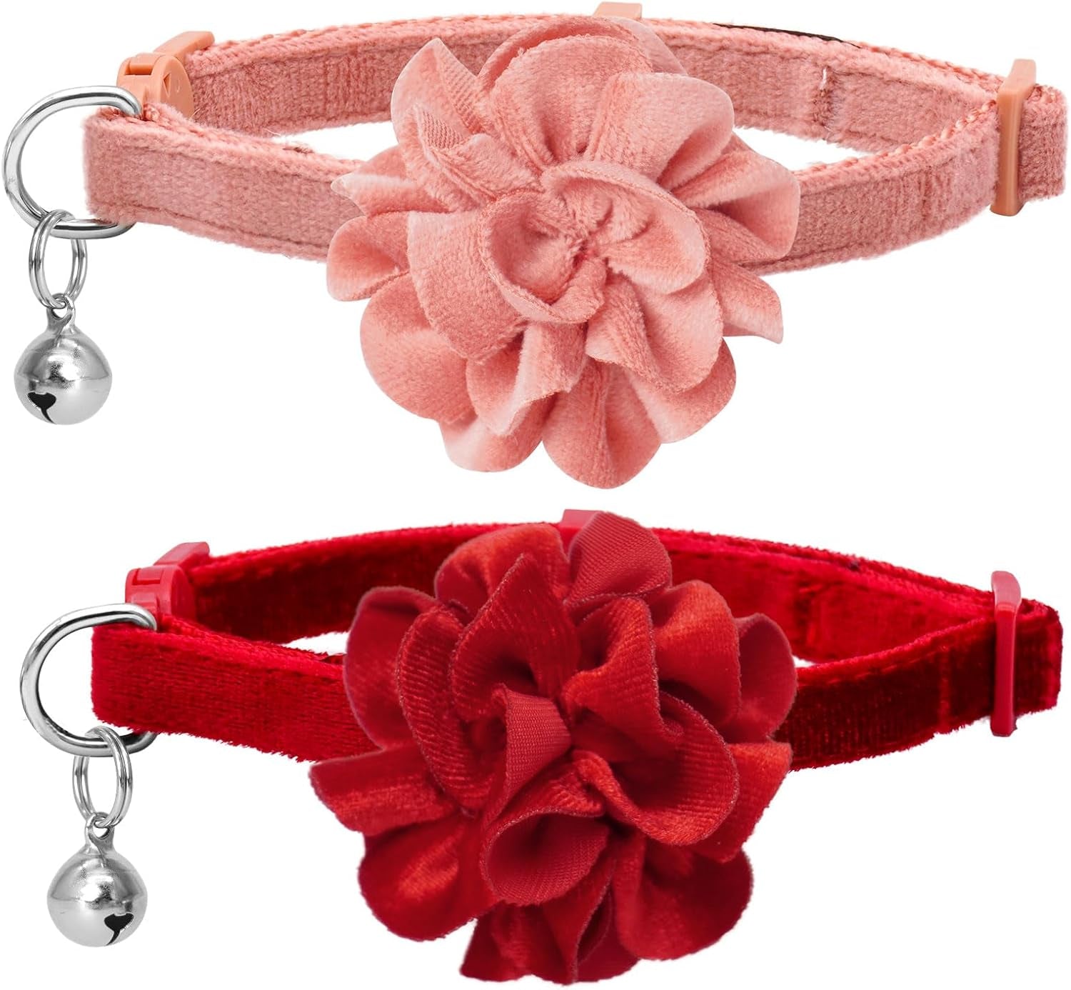 2 Pack Cat Collar Floral with Bell and Removable Flower Bowtie Breakaway Adjustable Velvet Fabric Cat Collar for Pets and Daily Decoration，Hot Pink & Purple