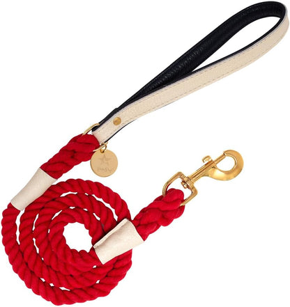 5Ft Braided Cotton Rope Leash with Soft Padded Genuine Leather Handle for Dogs - Handmade Comfort & Cute - Orange | Blue