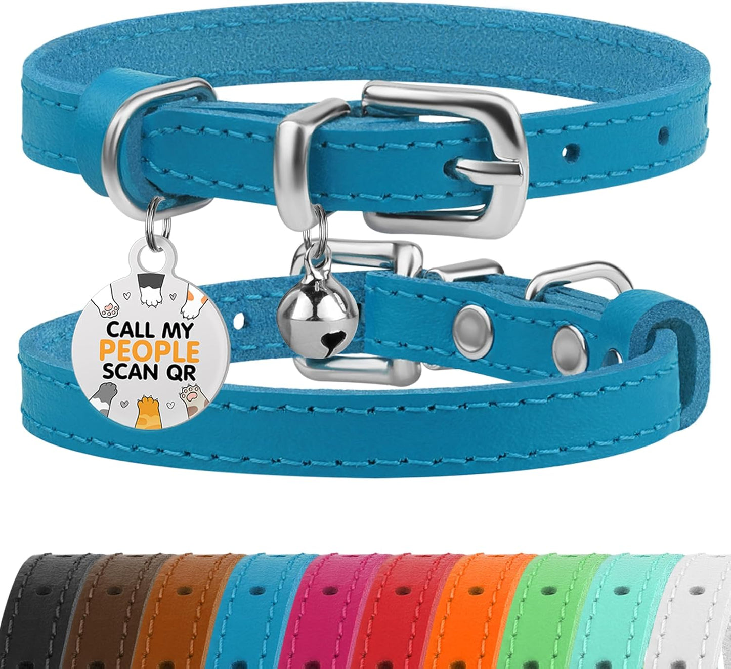 Leather Cat Collar with Removable Bells Non Breakaway Kitten QR Tag for Girl Boy (7" - 9" for Cats, Purple & Gold)