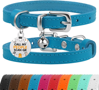 Leather Cat Collar with Removable Bells Non Breakaway Kitten QR Tag for Girl Boy (7" - 9" for Cats, Purple & Gold)