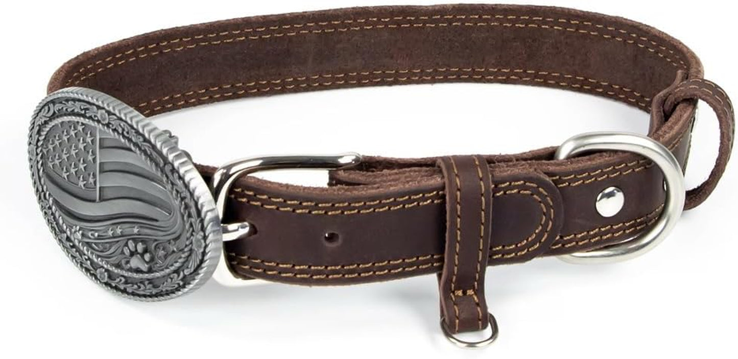 Western Cowboy Leather Dog Collar for Medium/Large Dogs, 14-18 Inch Neck, Premium Grain Leather, Heavy Duty Stainless Steel Hardware, Zinc Alloy Buckle