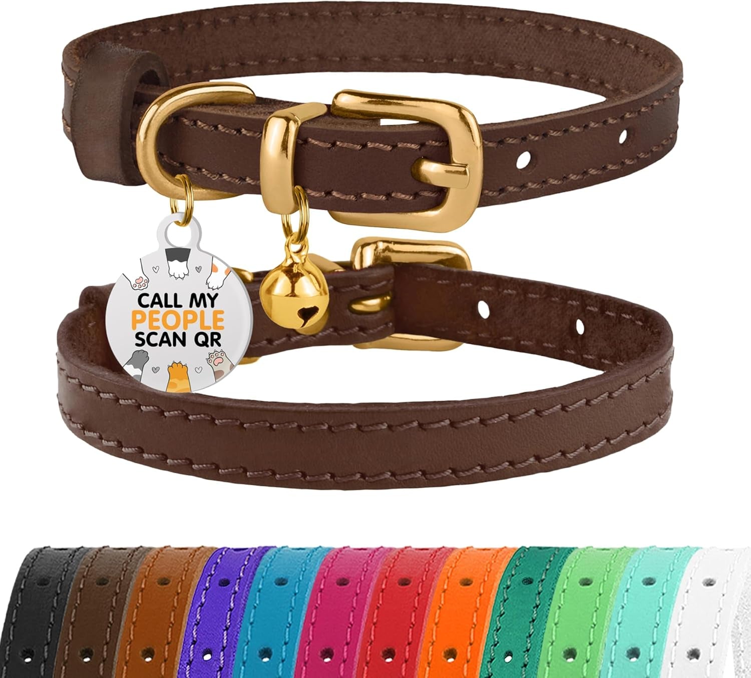 Leather Cat Collar with Removable Bells Non Breakaway Kitten QR Tag for Girl Boy (7" - 9" for Cats, Purple & Gold)