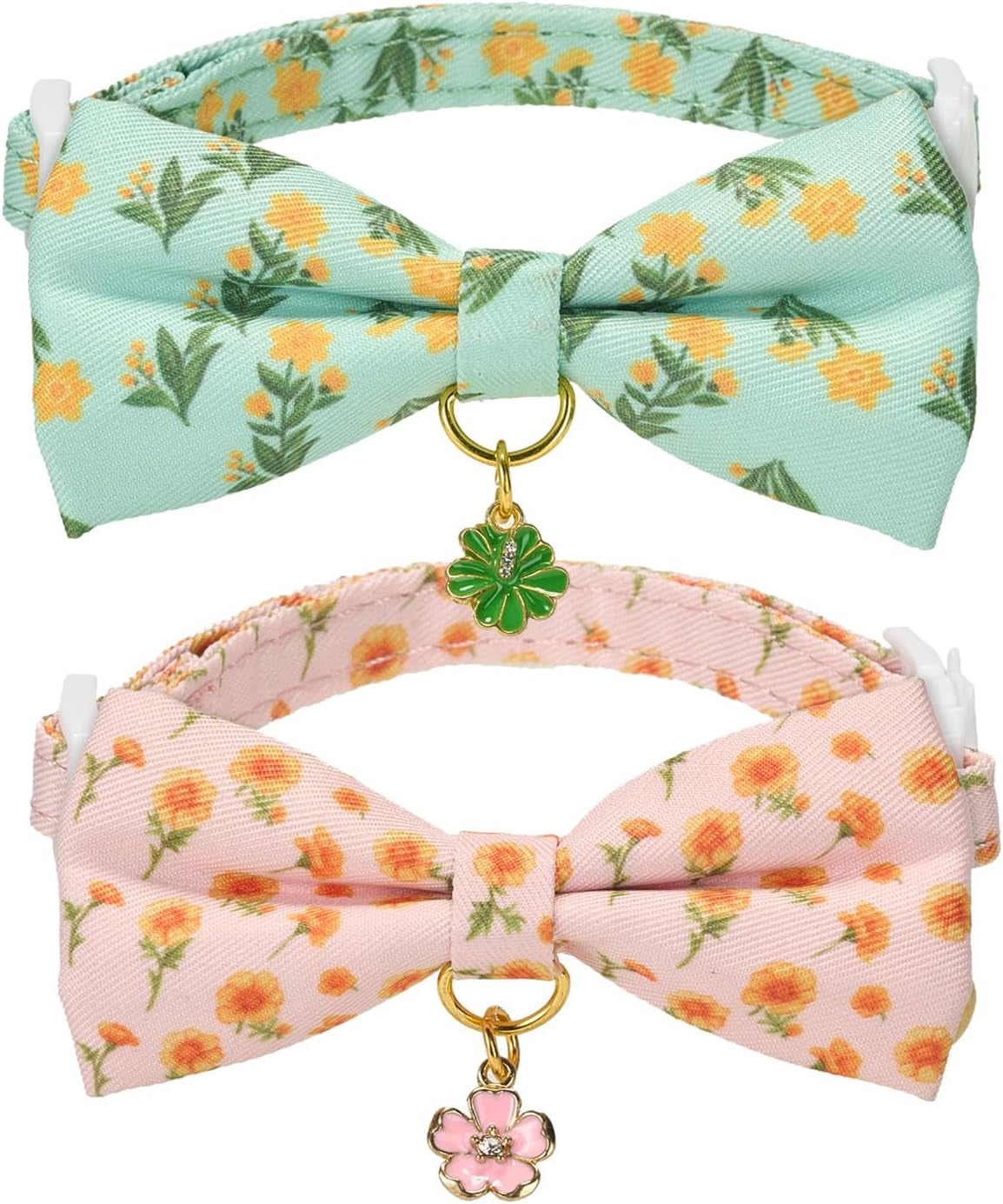 2 Pack Soft Corduroy Cat Collars with Bow Tie & Bell, Adjustable Breakaway Cotton Kitty Bowtie Collar for Girl Boy Kitten (Orange & Green)