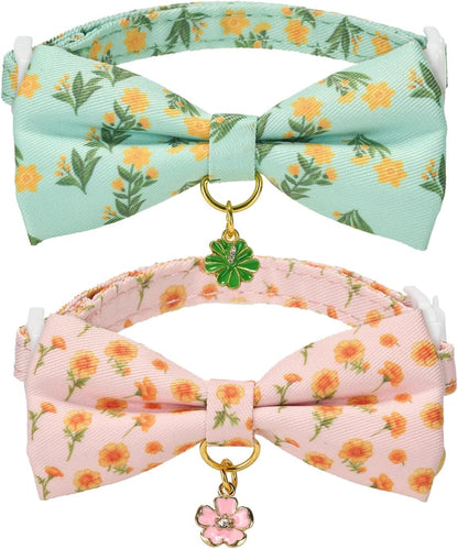 2 Pack Soft Corduroy Cat Collars with Bow Tie & Bell, Adjustable Breakaway Cotton Kitty Bowtie Collar for Girl Boy Kitten (Orange & Green)