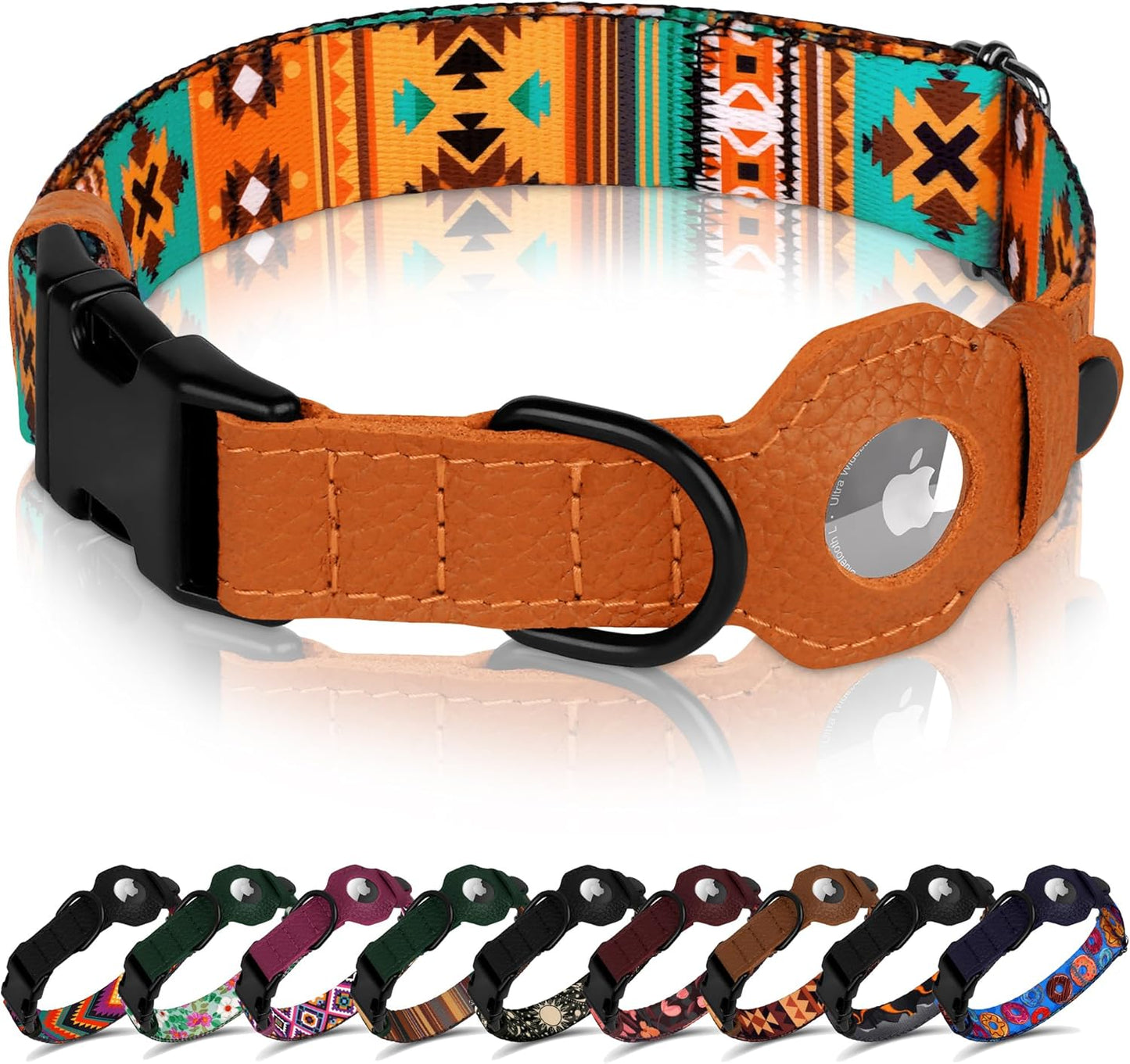 Airtag Dog Collar with Metal Buckle - Printed Nylon Soft Leather Dog Collar with Apple Airtag Holder - Secure Tracking GPS Pet Collars for Girl Boy Small Large Dogs (L, 17"-21" Neck Fit, Striped)