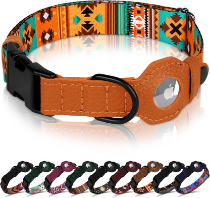 Airtag Dog Collar with Metal Buckle - Printed Nylon Soft Leather Dog Collar with Apple Airtag Holder - Secure Tracking GPS Pet Collars for Girl Boy Small Large Dogs (L, 17"-21" Neck Fit, Striped)